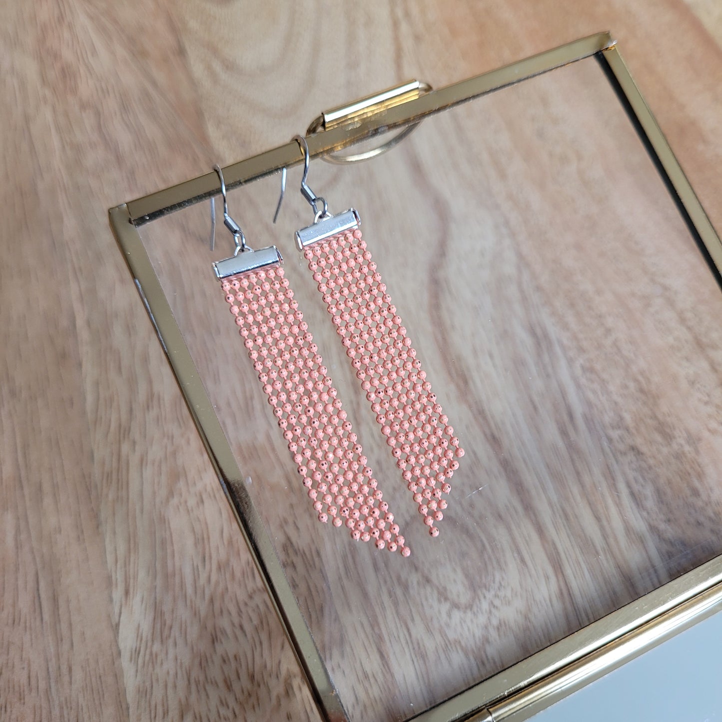 boucles d'oreilles argent chaines micro perlées perles orange clementine