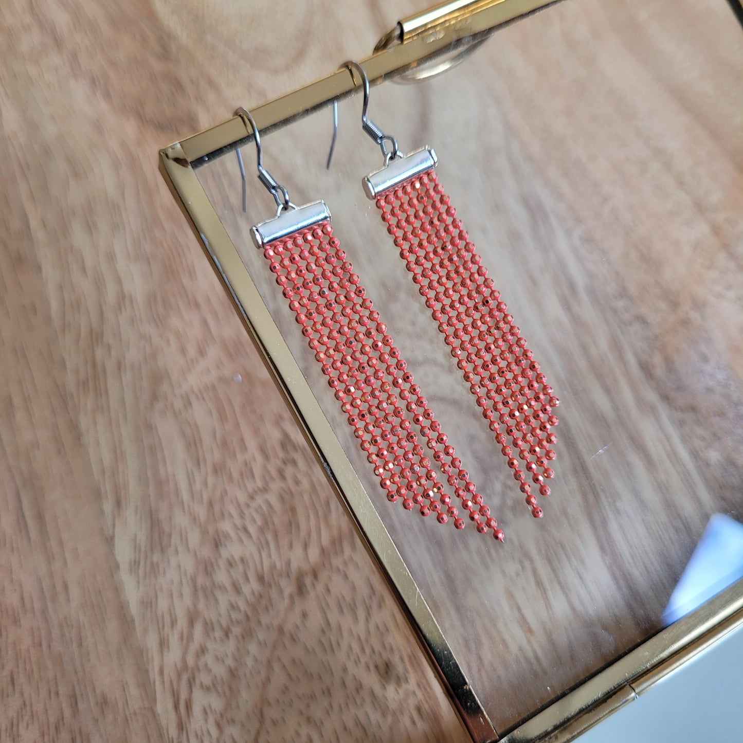 boucles d'oreilles orange chaines micro perlées perles argent