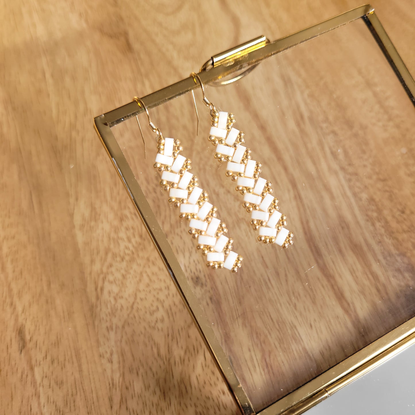 boucles d'oreilles blanc perles miyuki rectangle