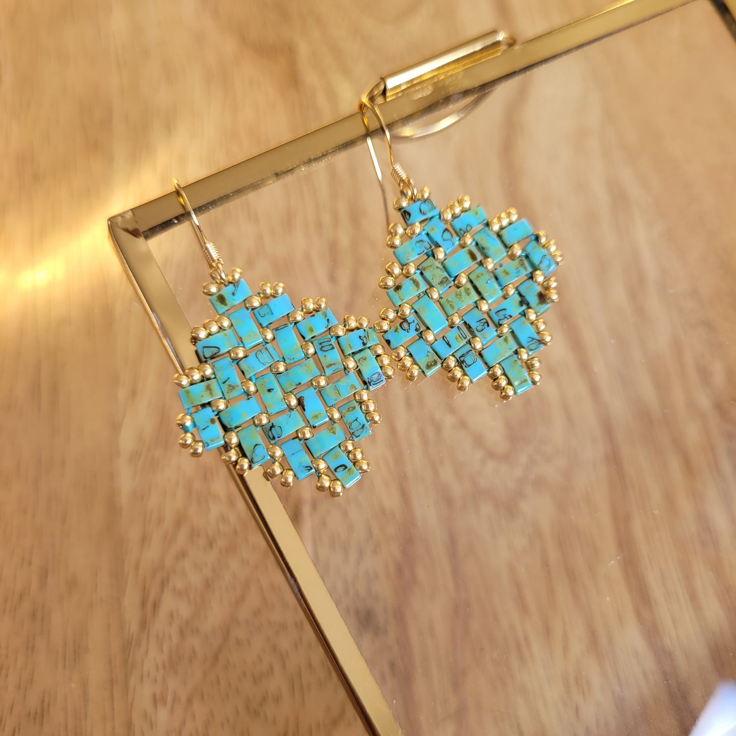 boucles d'oreilles bleu turquoise losange petit perles miyuki