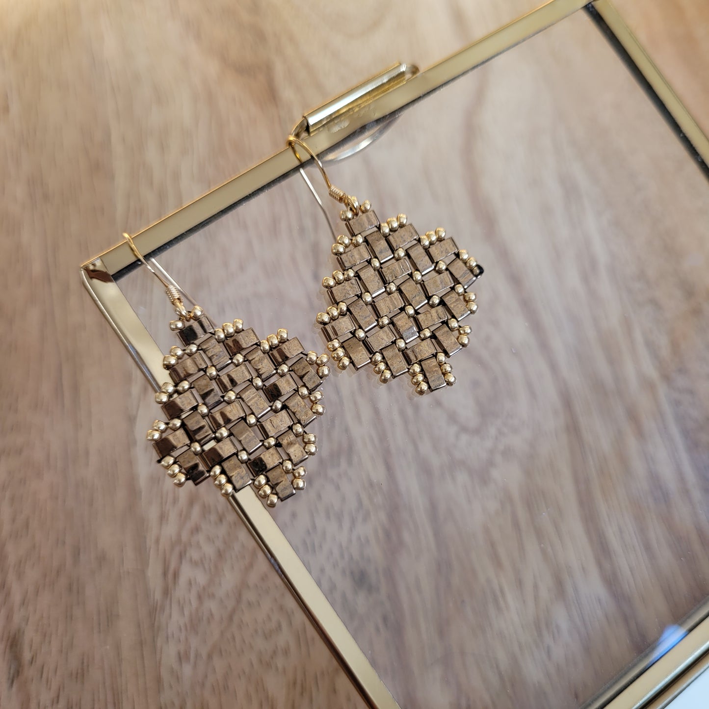 boucles d'oreilles bronze perles miyuki losange grand