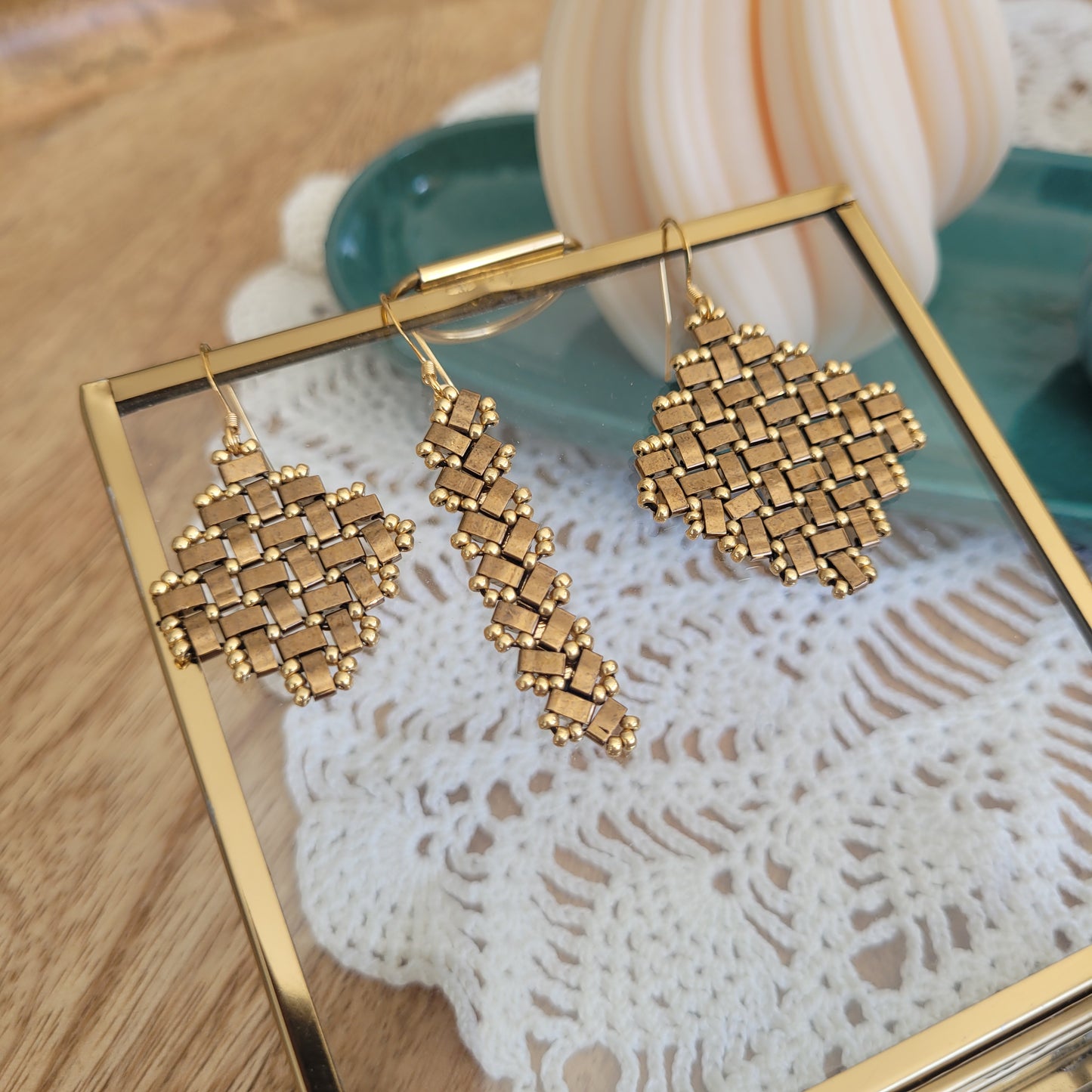 boucles d'oreilles bronze perles miyuki losange rectangle