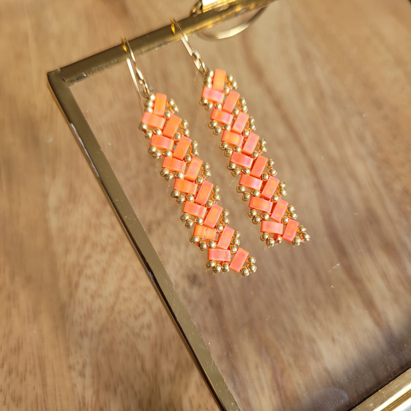 boucles d'oreilles perles miyuki orange rectangle
