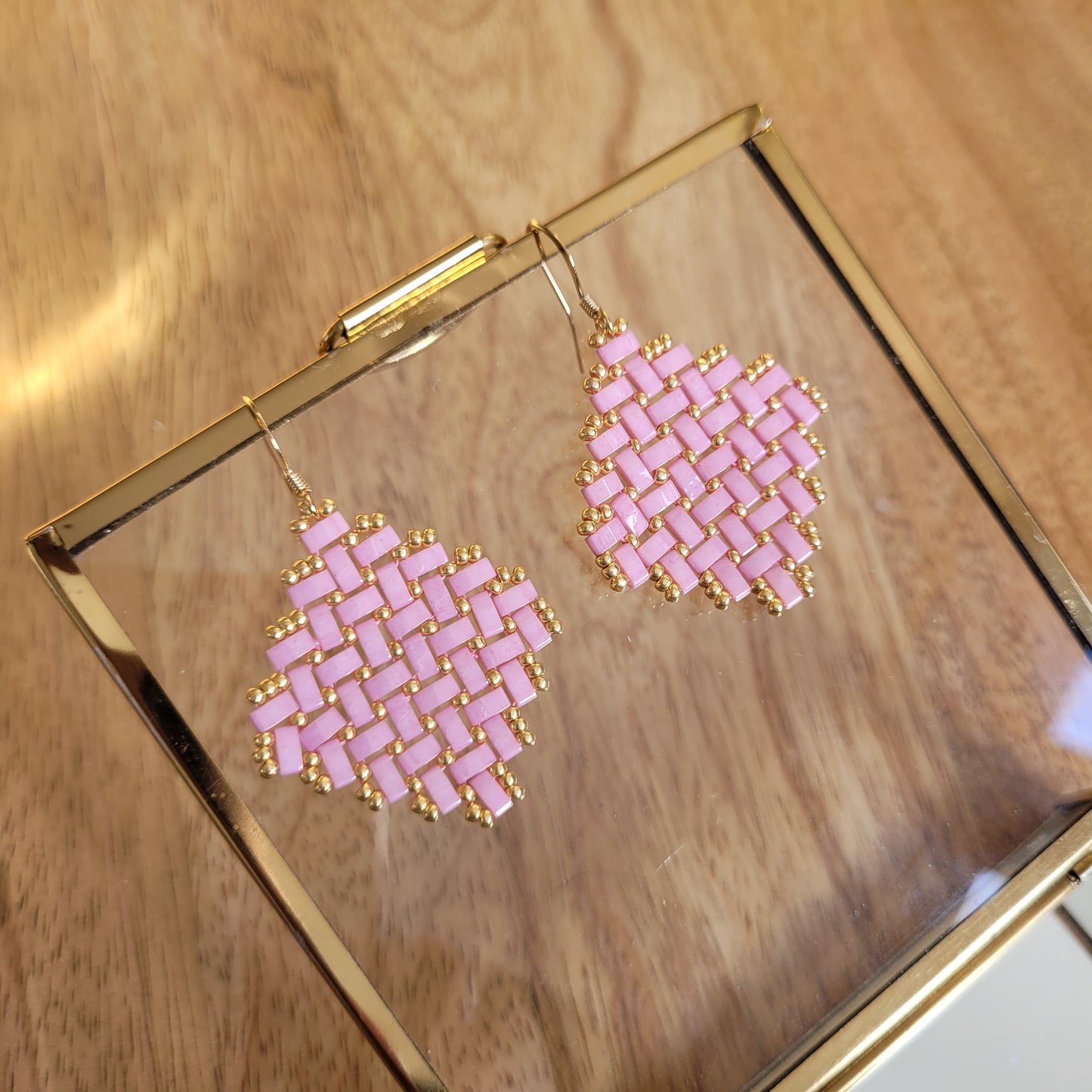 boucles d'oreilles rose perles miyuki losange grand