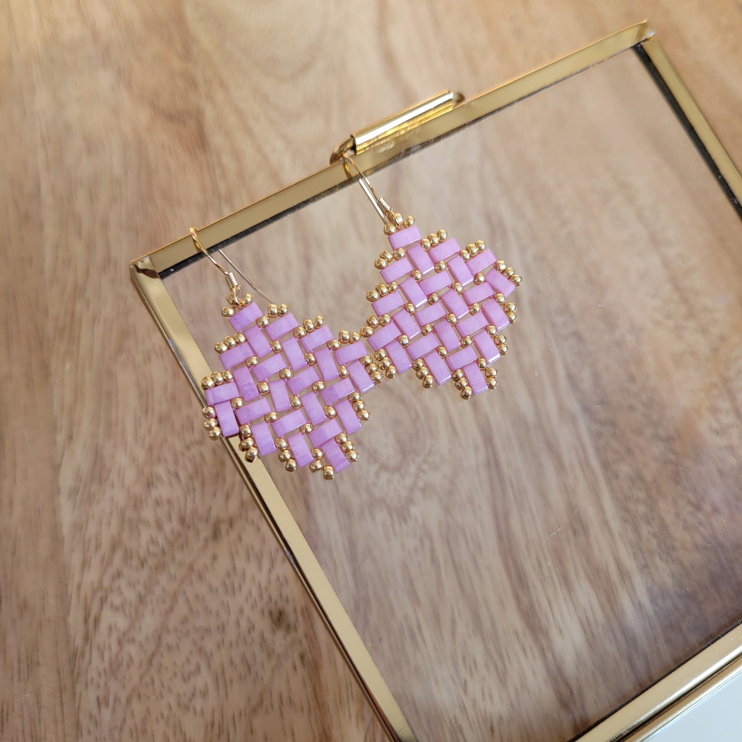 perles miyuki losange rose boucles d'oreilles