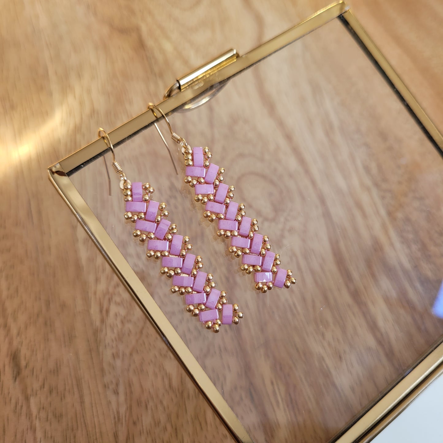 boucles d'oreilles perles miyuki rose rectangle