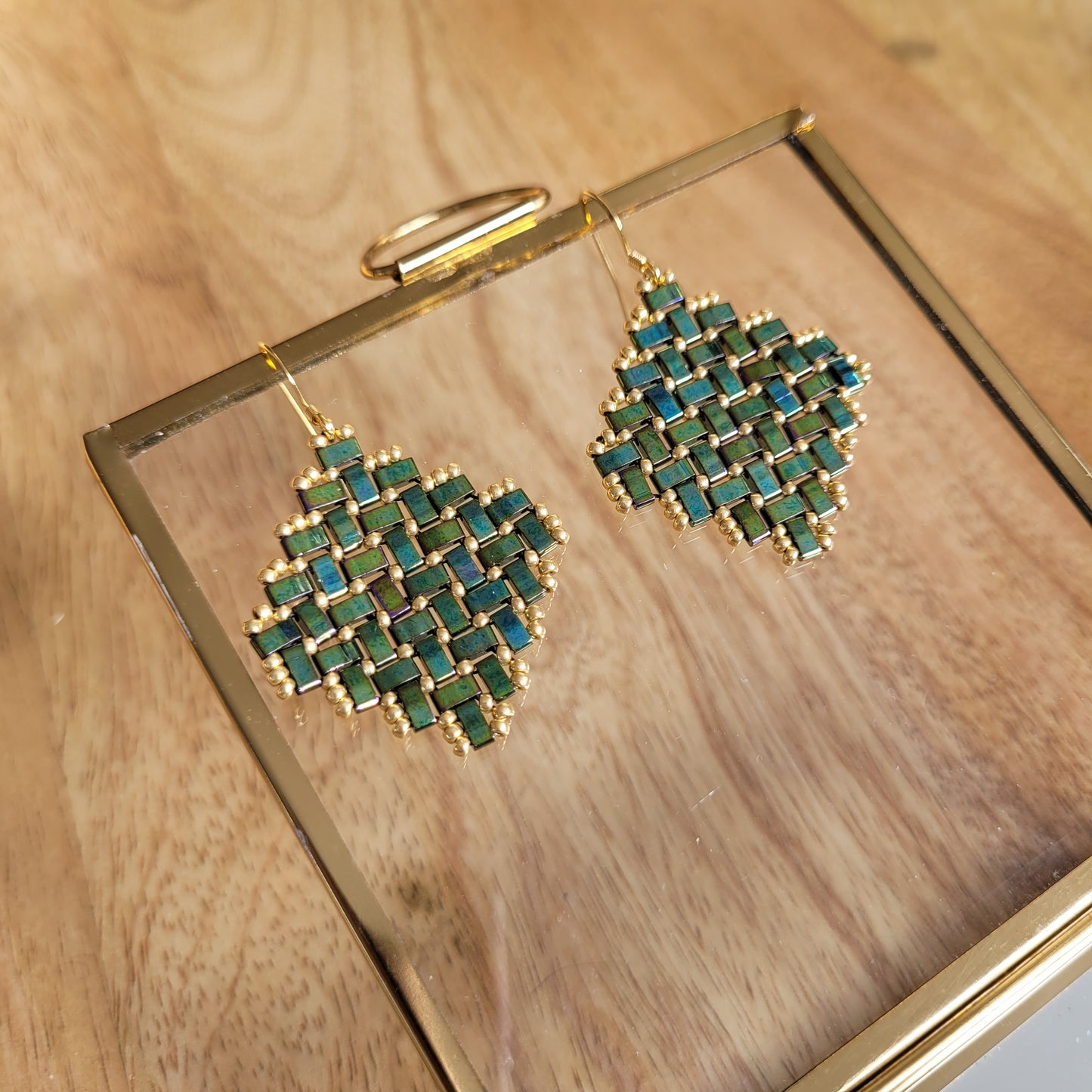 boucles d'oreilles perles miyuki vert losange