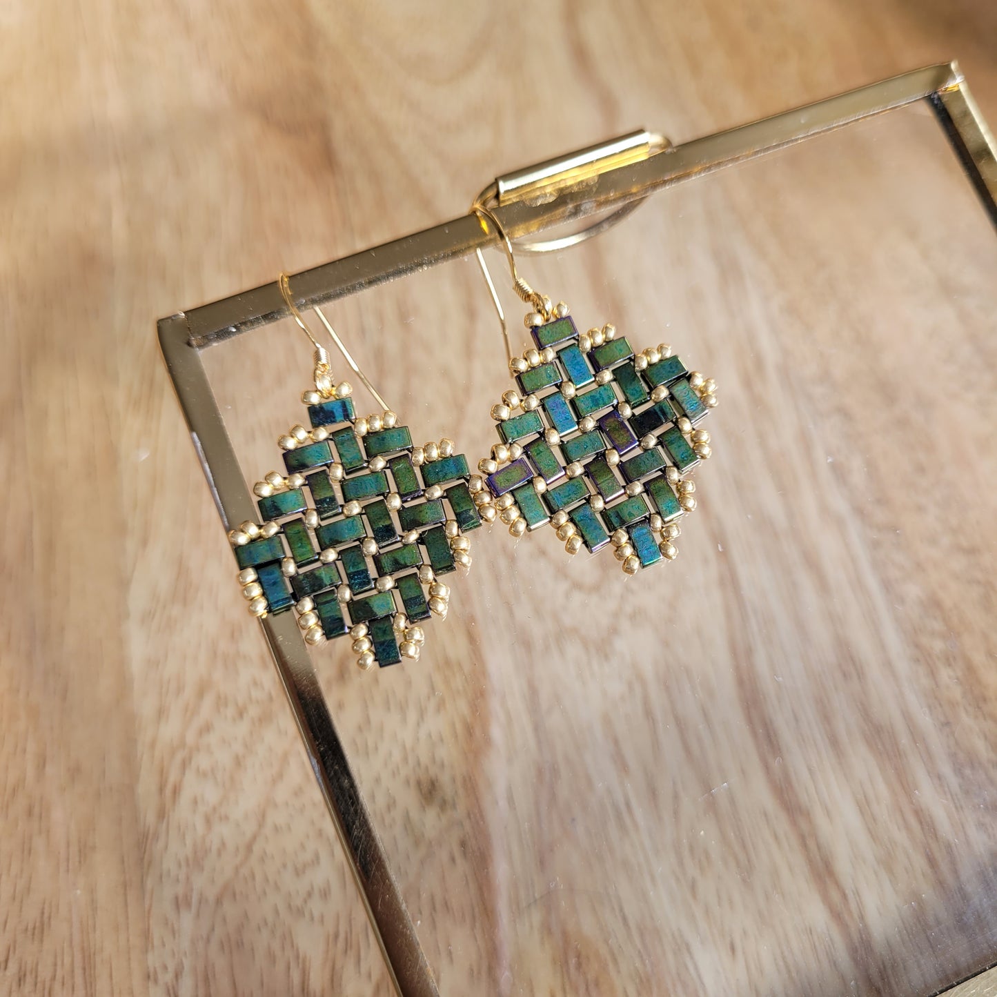 boucles d'oreilles perles miyuki vert losange