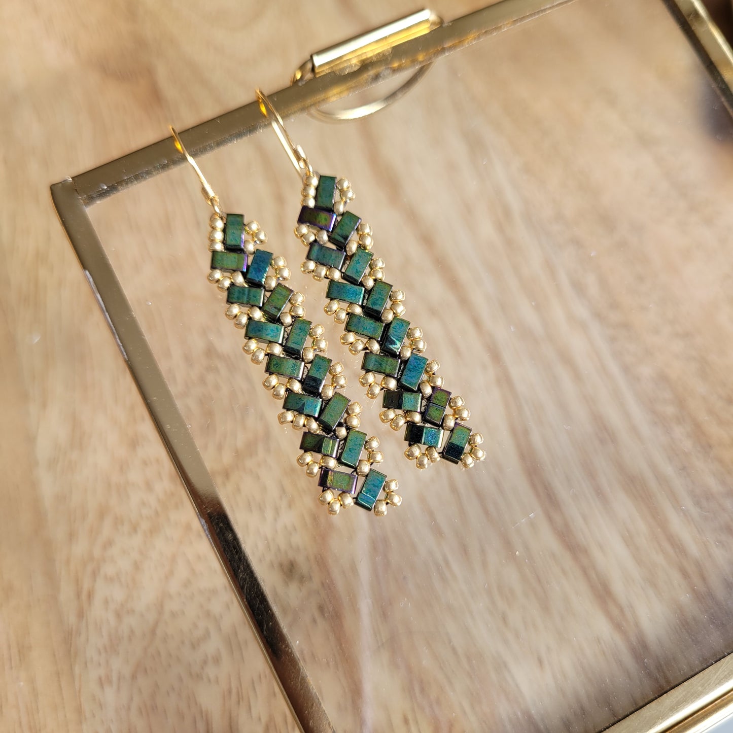 boucles d'oreilles perles miyuki vert rectangle