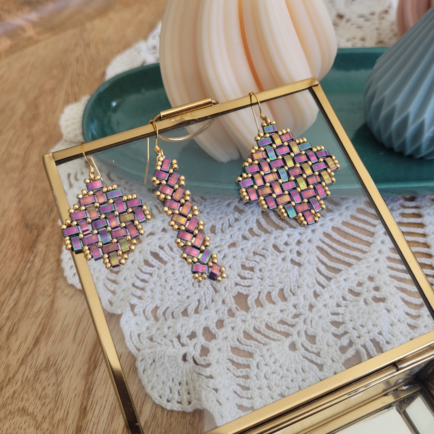boucles d'oreilles perles miyuki violet losange rectangle