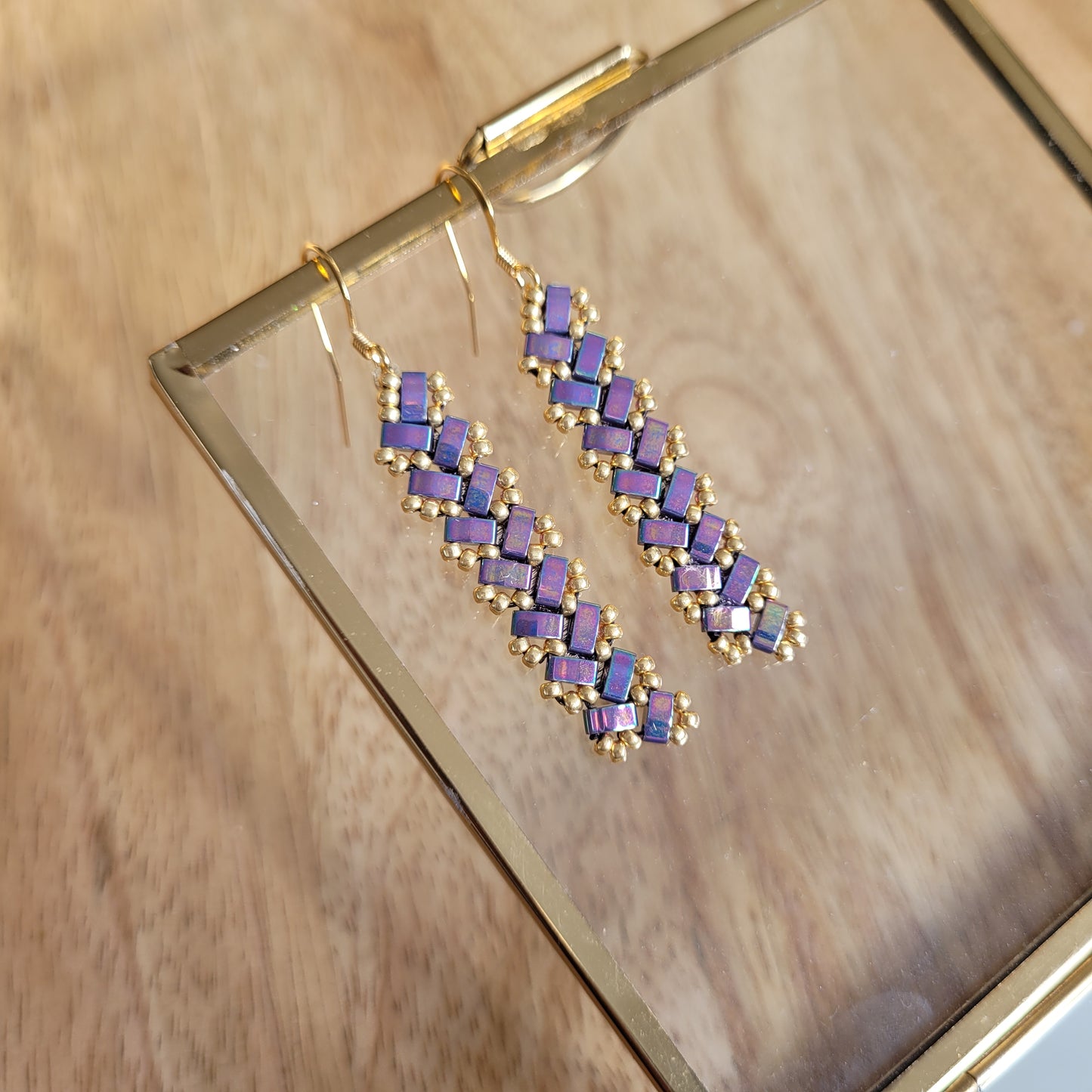 boucles d'oreilles rectangle violet perles miyuki