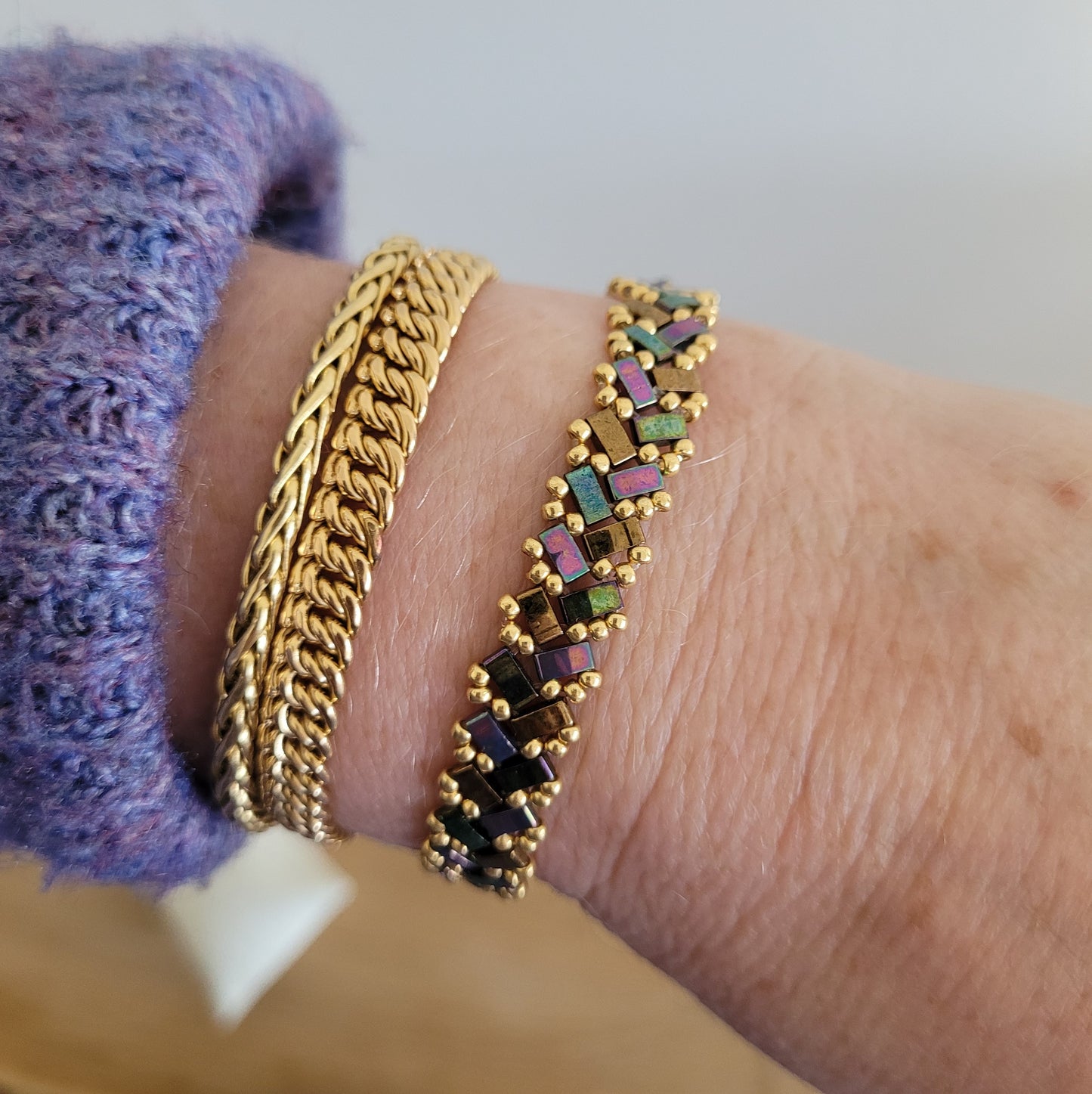 bracelet elastique perles miyuki vert violet