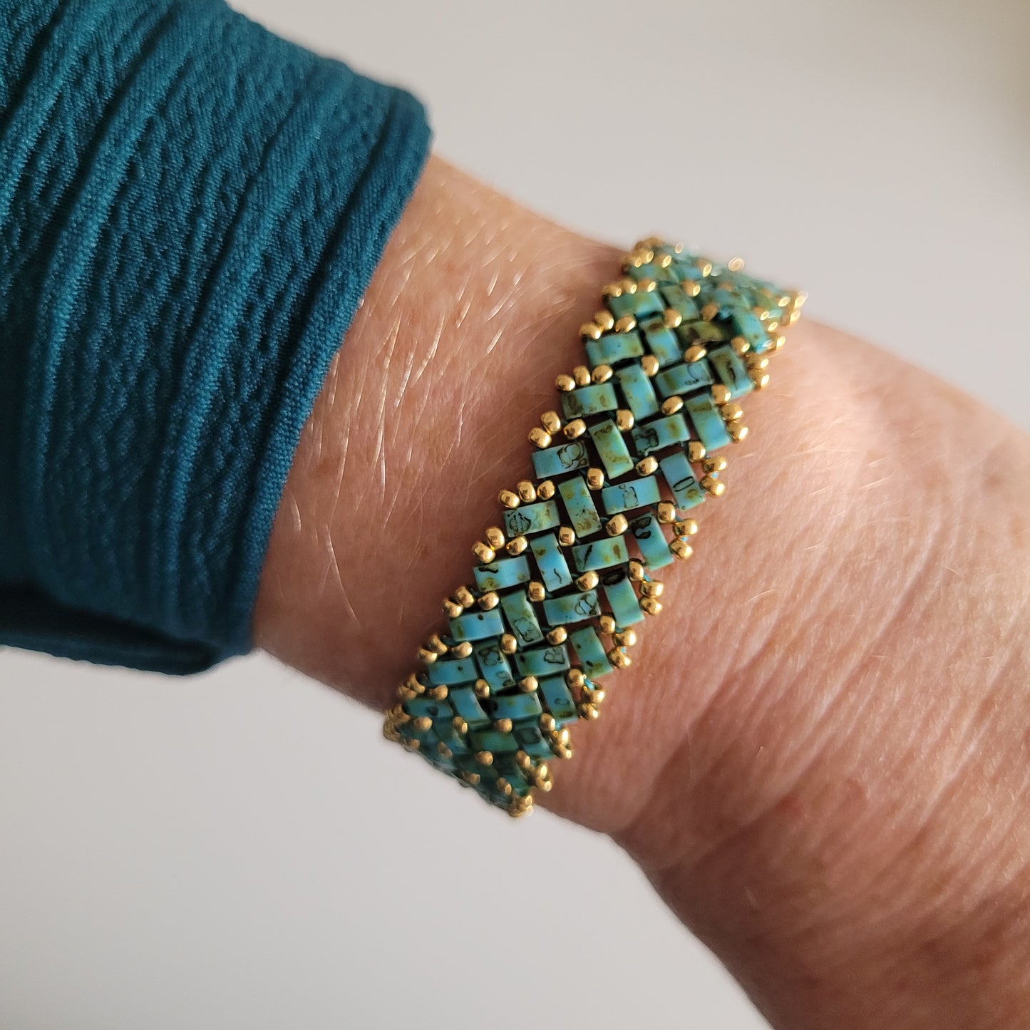 bracelet tisses perles miyuki bleu turquoise marbré zig zag chevrons