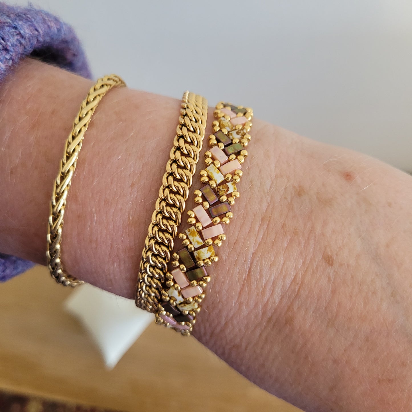 bracelet tisse perles miyuki kaki rose