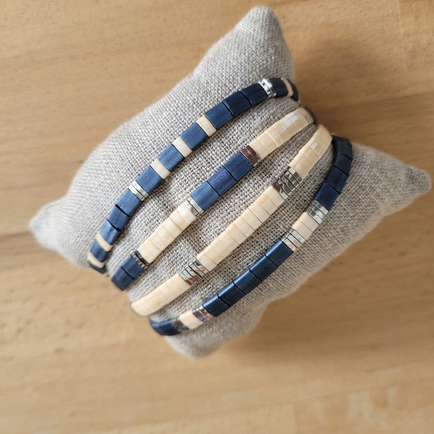 bracelet elastique bleu beige perles miyuki homme